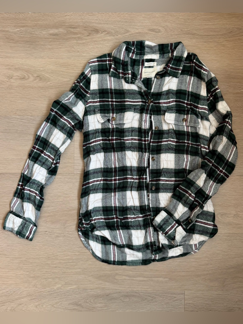American Eagle Outfitters Green and White Plaid Button-Down Shirt